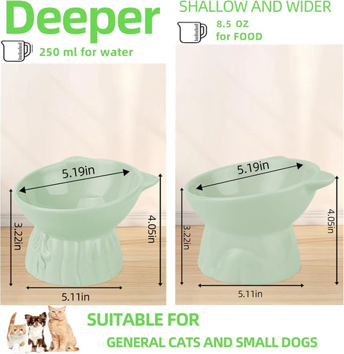 Ceramic Elevated Cat Bowls, 2Pc Extra Wide Raised Cat Bowls for Food and Water, Shallow Cat Food Dish Whisker Friendly, Anti Vomit Cat Bowls Microwave and Dishwasher Safe, Great Height for Cat (Green)
