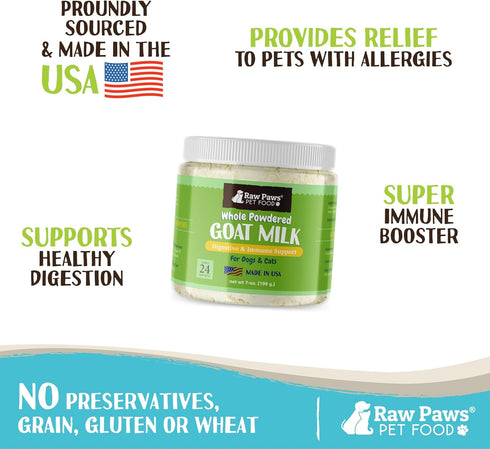 7-oz Raw Paws Whole Goat Milk Powder for Dogs and Cats, - Made in USA - Powdered Goat Milk Dog Food Topper - Pet