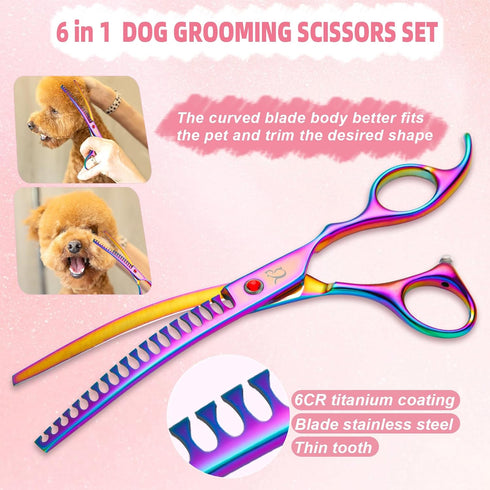 6 1 Dog Grooming Scissors,Rainbow Curved Chunkers Shears with Safety Round Tips,Sharp and Durable in Dog Scissors