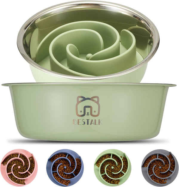 2-in-1 Metal Slow Feeder Dog Bowl, Bestalk Stainless Steel with Silicone Insert, Anti-Slip Base for All Dog Sizes