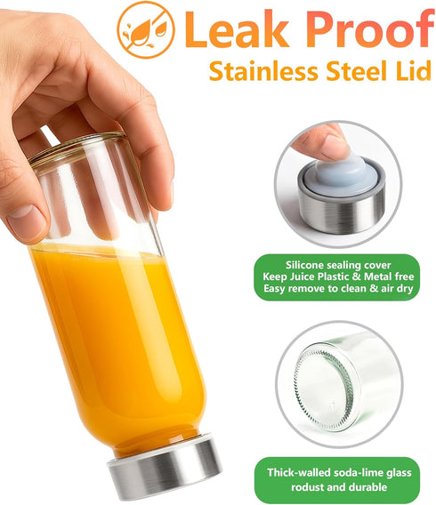 10.5 oz, 8 Pack Zukro Glass Juice Bottles Reusable Small Clear Water Container With Stainless Steel Lids & Straw