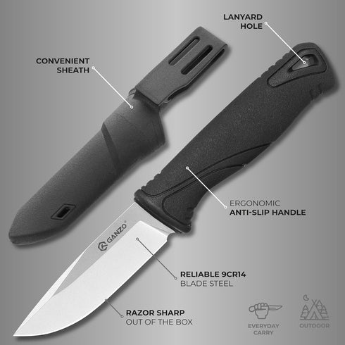 Ganzo G807-BK Fixed Blade Knife 9CR14 Stainless Steel Blade Ergonomic Anti-Slip Handle Camping Hunting Fishing Outdoor EDC Knife with PP Scabbard Sheath (Black) by Firebird