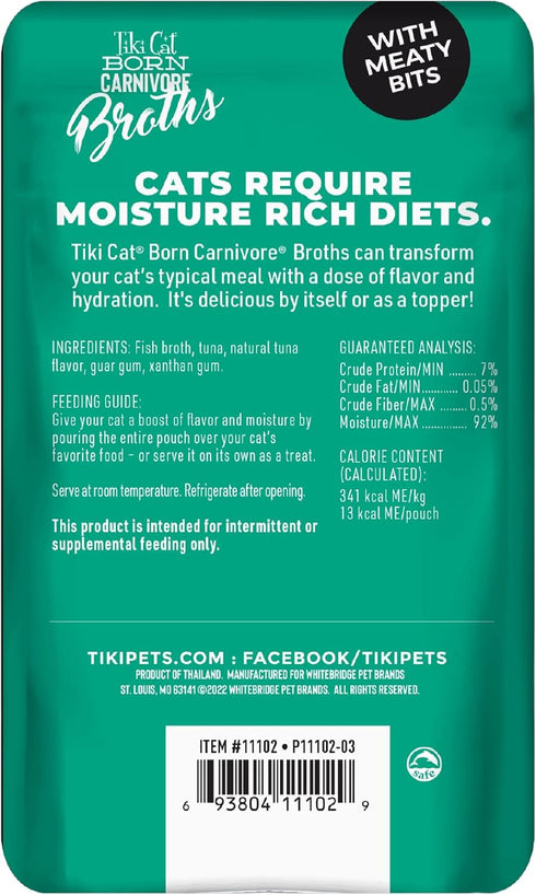 Tiki Cat Born Carnivore Broths, Tuna Recipe, Hydration and Flavor Supplement Cat Food Topper, 1.3 oz. Pouch (Pack of 12)