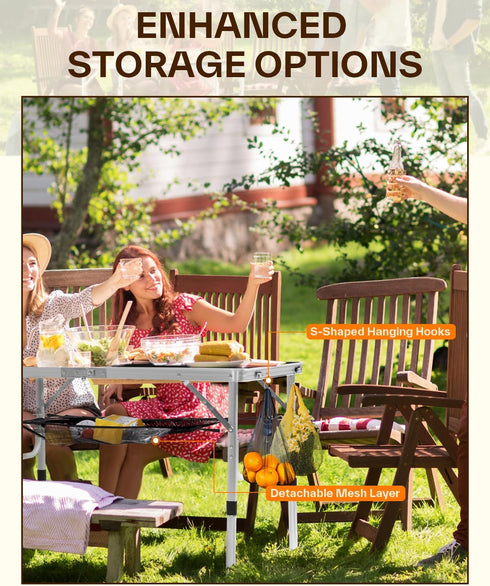 35.4" 23.6" 2 Sportneer Folding Table: Adjustable Height Camping Essentials L x W Height with Mesh Layer - Compact