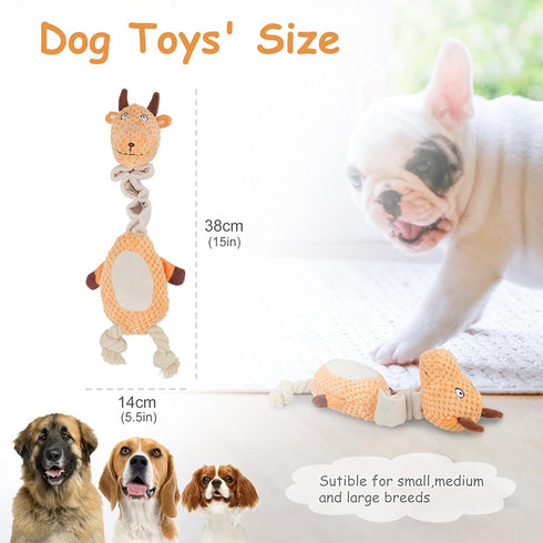 Durable Tough Squeaky Dog Toys, Stuffed Animal Chew Toy with Crinkle Paper, Interactive Rope Toys for All Dog Sizes,