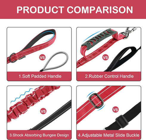 Tactical Dog Leash Heavy Duty - 4-6FT Shock Absorbing Bungee with Reflective Military Strong No Pull, 2 Padded Handles,