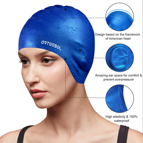 Swimming Cap, Silicone Swim Cap for Women and Men, Durable Non-Slip Waterproof for Long Hair, Protect Ears