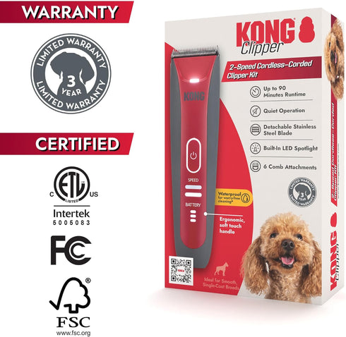 2-Speed 6 Kong Cordless-Corded Dog Clipper Kit Stainless Steel Blade, Waterproof, LED Spotlight, Use-While-Charging