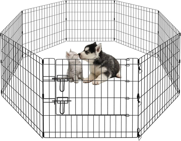 PEEKABOO Dog Pen Pet Playpen, Indoor Foldable Metal Wire Exercise Puppy Play Yard, Outdoor 8 Panels 24 Inch (Black)