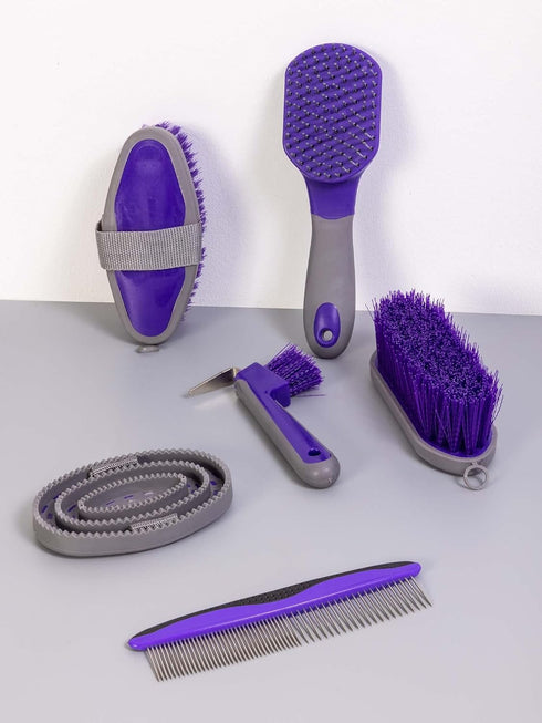 (12-Piece): Horse Grooming Kit Brushes, Storage Bag, Sweat Scraper, Mane Comb, Grooming Gloves - Purple Horse Gifts