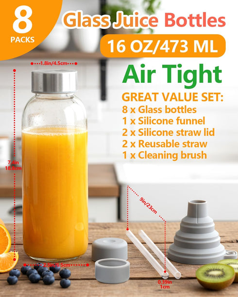 16 oz, 8 Pack Zukro Glass Water Bottles with Lids & Straw Reusable Juice Bottles With Stainless Steel Cap for Juicing