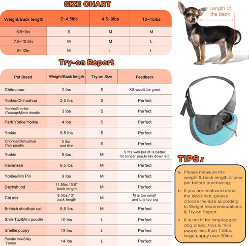 2-5 lbs 1.0 YUDODO Pet Sling Carrier for Small Dogs & Cats Hands-Free Puppy Carrier with Safety Hook, Large Zipper