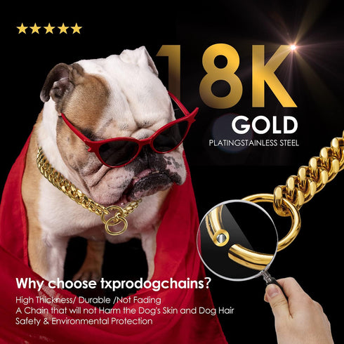 txprodogchains 18K Gold Chain Dog Collar, 10MM Cuban Link Stainless Steel Metal Links for Small Medium Large Dogs