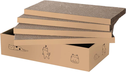 4 Packs in 1 Cat Scratch Pad with Box, Reversible Durable Cardboard Scratcher for Cats to Rest and Play