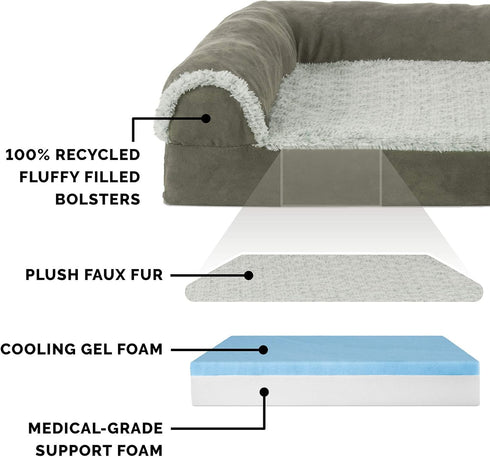 Furhaven Cooling Gel Dog Bed for Medium/Small Dogs, Removable Bolsters & Washable Cover, Two-Tone Plush Faux Fur, Dark