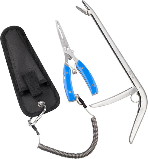 Fishing Pliers + Fish Hook Remover, Line Cutter, Curved Nose Fishing Tackle Tool Set (Blue)
