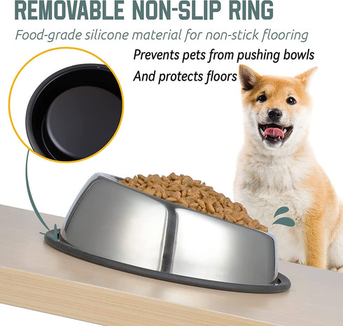 Stainless Steel Slanted Dog Bowl, 2 Pack, Removable Non-Slip Rubber Ring, Stackable Pet Bowls, Medium-2.5Cup