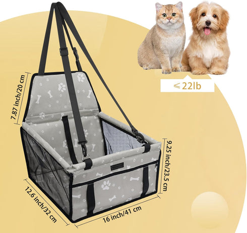 PetsHome Dog Car Seat Foldable Dog Car Booster Seat Waterproof Breathable Oxford Travel Bag for Small to Medium Dogs, Puppies, and Pets-Pattern Grey