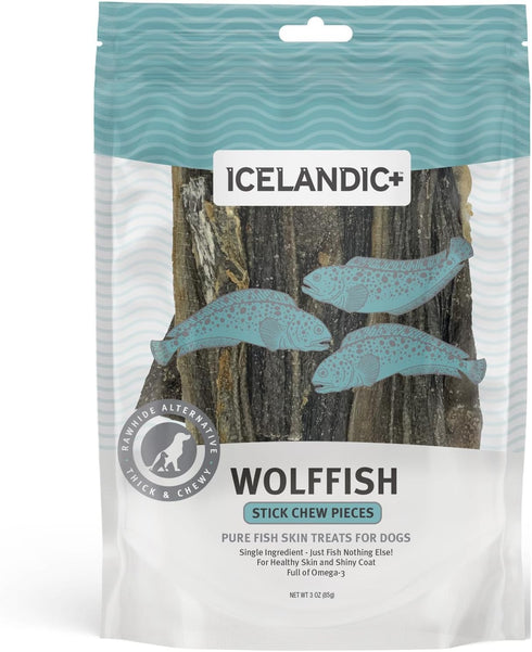 Icelandic+ Stick Chew Pieces: Wolffish, 3oz Bag of Pure Fish Skin Dog Treats, Wild-Caught & Air-Dried