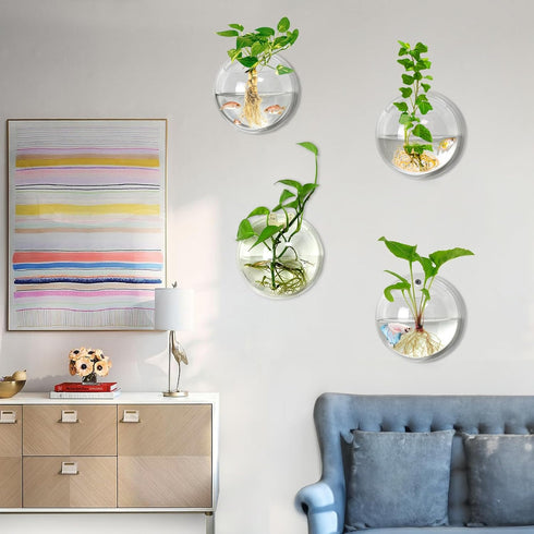 2PCS Wall Hanging Plant Terrarium, Wall Mounted Fish Bowl Tank, Acrylic Globe Flower Vase Planter