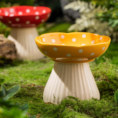 Cute Mushroom Elevated Cat Bowl, Ceramic Cat Food and Water Bowls, Wide Shallow Dish, Whisker Fatigue (Yellow)