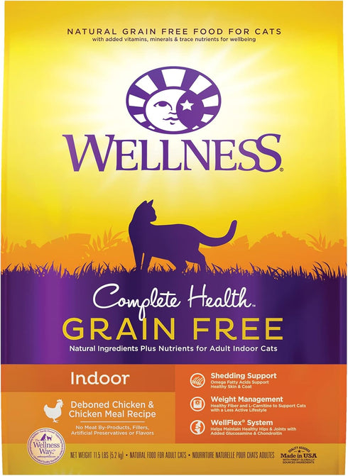 Wellness Natural Pet Food Complete Health Grain-Free Indoor Dry Cat Food, Deboned Chicken Recipe, 11.5 Pound Bag