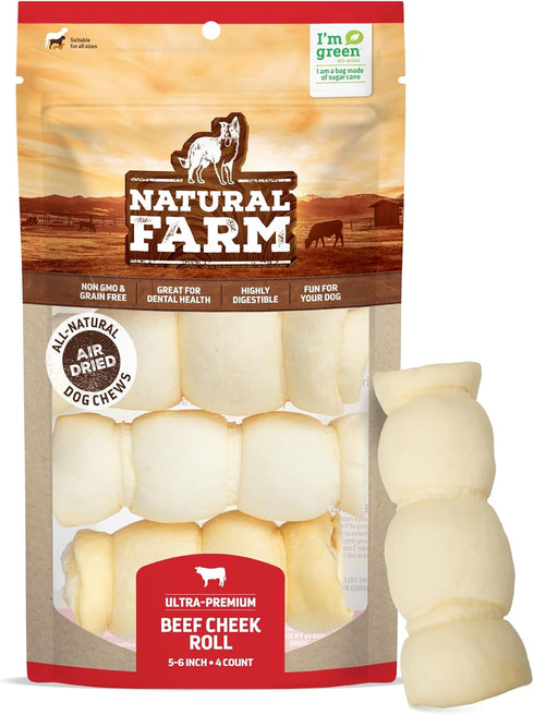 Natural Farm Beef Cheek Rolls, 5-6 Inch (4 Pack), Safe Rawhide Alternative Chew for Power Chewers & Large Dogs