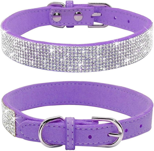 Rhinestone Dog Collar, Dazzling Soft Suede Leather with Crystal Diamond for Dog Puppy Collar (Purple, XS)