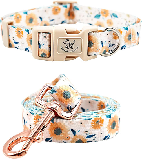 Elegant little tail Dog Collar with Leash, Sunflower Print Adjustable Collar for Small Medium Large Dogs, Soft Puppy