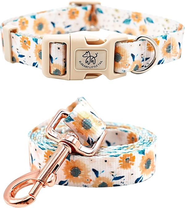 Elegant little tail Dog Collar with Leash, Sunflower Print Adjustable Collar for Small Medium Large Dogs, Soft Puppy