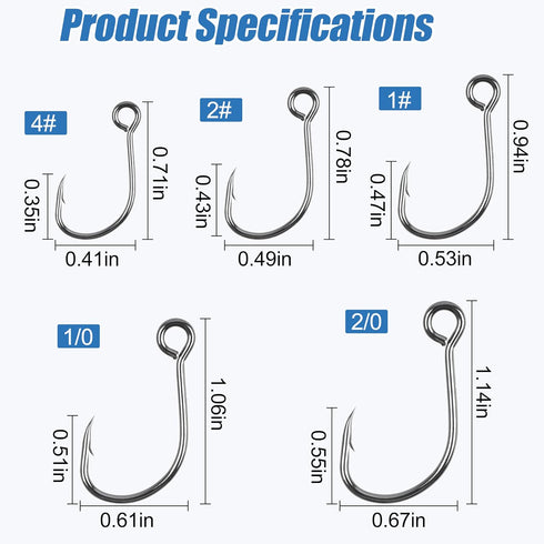 60pcs/Box #4#2# 1# 1/0 2/0 Fishing Inline Single Hooks - Single Replacement Hooks for Fishing Baits Lures Plugs Large