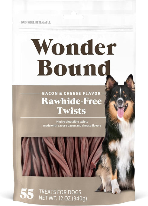 Amazon Brand - Wonder Bound Bacon & Cheese Flavor Twist Sticks, 55 Count, Rawhide-Free Dog Treats, 12 Ounce (Pack of 1)