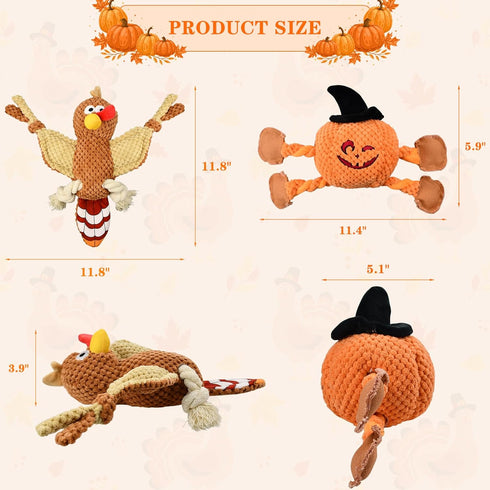 Vehomy Halloween Dog Toys Thanksgiving Dog Squeaky Toys Halloween Pumpkin Thanksgiving Turkey Pet Dog Chew Toy Puppy Tug of War Toys Pet Interactive Dog Toy for Small Medium Dogs 2Pcs