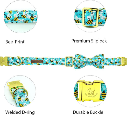 Elegant little tail Dog Collar, Blue Bees Print Dog Collar with Bow Tie Summer Dog Collar Pet Collar Boy Girl Cute Bowtie Collar Dog for Small Medium Large Dogs