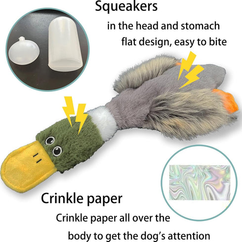 No Stuffing Dog Toys 3 Pack, Squeaky Dog Toys for Large Dogs, Plush Toys for Aggressive Chewers, Indestructible Crinkle Paper Duck Dog Toy, Puppy Chew Toys for Teething (Soft Plush)