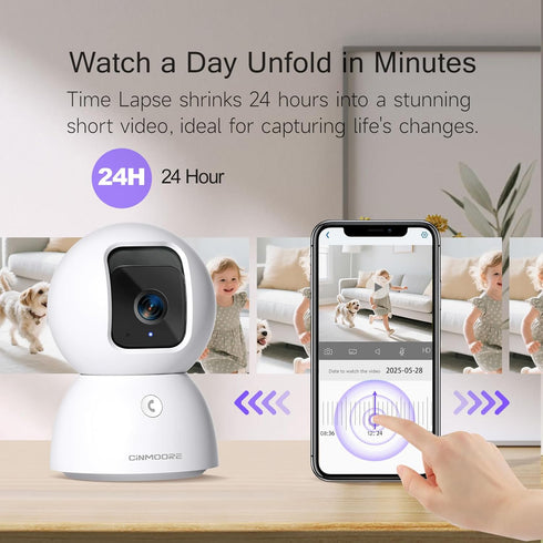 CINMOORE 5G 3K 0-Glow 2-Way Security Camera Indoor, Pet/Dog Camera with Speaker/Phone App, PTZ WiFi Baby Monitor