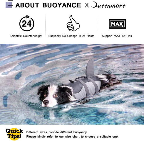 Queenmore Dog Life Jacket, Adjustable Ripstop Shark Safety Vest, High Buoyancy, Durable Rescue Handle, Grey Shark Small