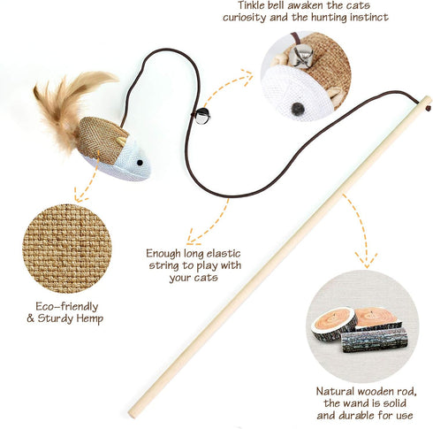 Natural Wood Cat Teaser Wand Toy, 3pcs 16 Inch Catnip Sticks for Teeth Cleaning and Indoor Exerciser