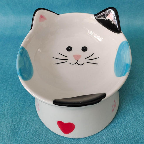 Cute Ceramic Raised Cat Bowls Elevated Design, 15° Tilted FeederProtect Cat's Spine Anti Vomiting Blow for Flat Faced Cats, Kitten Small Dogs,Raise Tilted Cat Food Bowld Pet Dishes(Black)