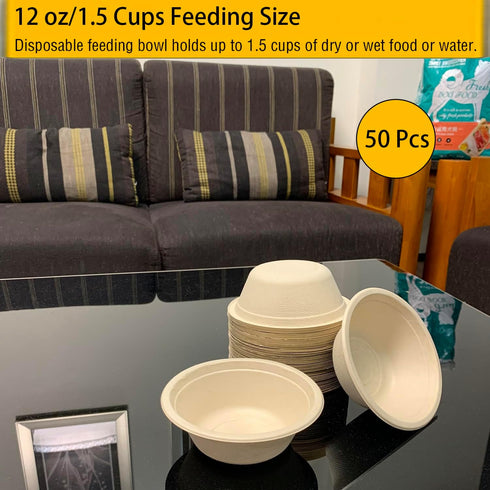 JETKONG 12 oz/1.5 cup Disposable Dog Bowls 50pk, 100% Compostable Feeding Bowls for Dry and Wet Dog Food (Natural)