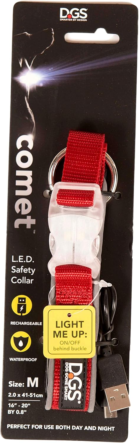 Dog Gone Smart Super Bright LED Safety Comet Collar for Dogs, Adjustable Breathable Strong Nylon, Medium, Large, Small