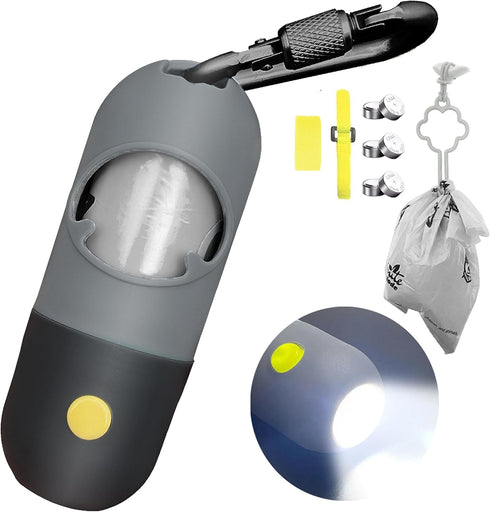 Dog Poop Bag Dispenser with Built-in LED Flashlight and Metal Clip for Leash, Pet Waste Bag Holder, Dog Walking