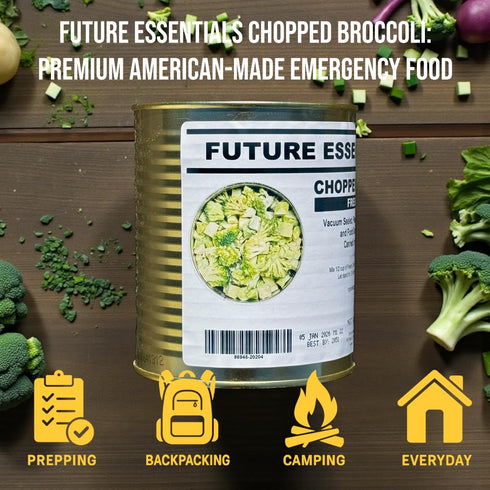 #2.5 25+ 2 oz Future Essentials Canned Chopped Freeze Dried Broccoli Size Can of Broccoli Bites with Year Shelf Life