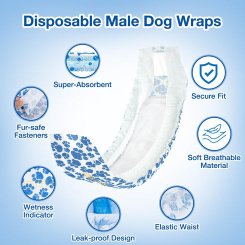 40ct Dono Dog Diapers Male, Disposable Male Dog Wraps with Wetness Indicator, Leak-Proof Dog Belly Wraps, Rapid-Dry Gel