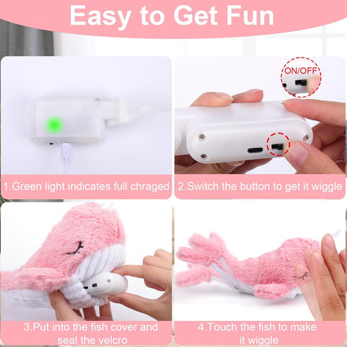 Mity Rain 2 in 1 Interactive Dog Toys, Plush Squeaky Fish Toy, Rechargeable Wiggly Pink for Small Medium Large Dogs