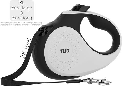 TUG XL 360° Tangle-Free Retractable Dog Leash, Anti-Slip Handle, 26 ft Strong Nylon Tape, Extra Large, White