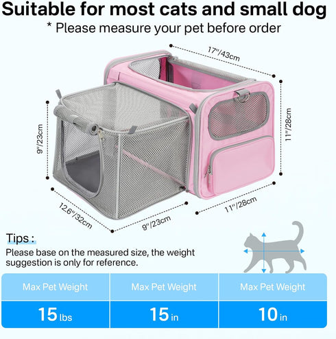 15 lbs, Cozy Expandable Cat Carrier, Airline Approved Soft Sided Pet Carrier for Cats & Small Dogs Up to with Locking
