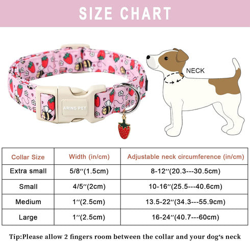 ARING PET Summer Dog Collar, Cute Pink Adjustable Strawberry Bees Print for Small Medium Large Dogs