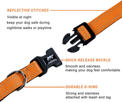 FURRYFECTION Reflective Dog Collar and Leash Set, Quick Release Buckle, Padded Neoprene Adjustable Nylon Collar for