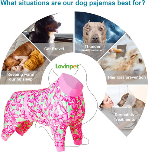 LovinPet Pitbull Pet Outfit - Post Surgery Recovery Pajamas for Dogs, Reflective Stripe, Full Coverage Onesie, Pink